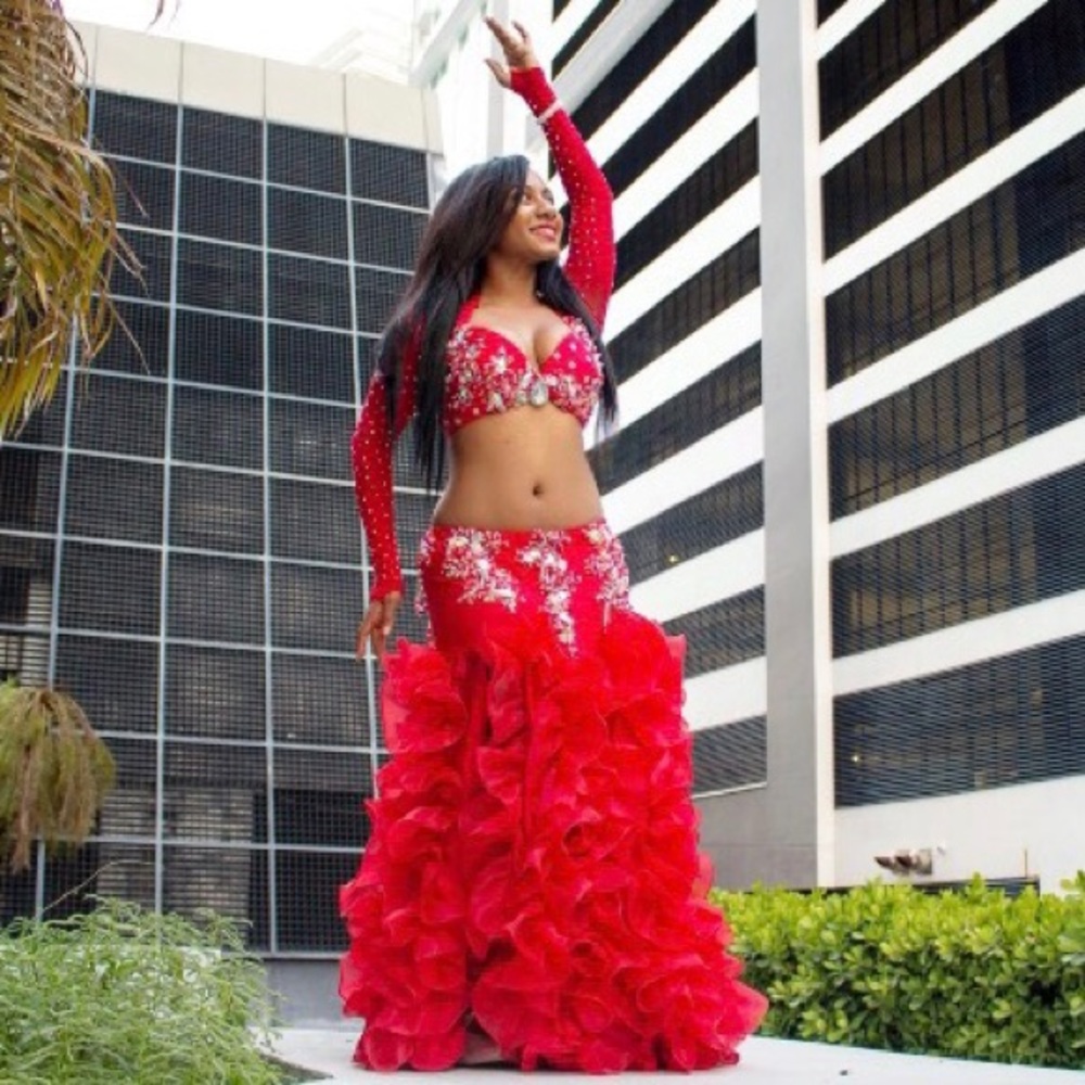 SOLD - Red Designer Belly Dance Costume